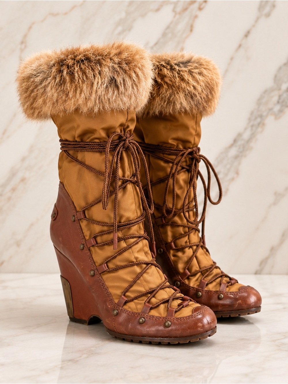Vicini Italian Fur Trim Lace-Up Wedge Boots Size 39 Fits US 8.5–9
